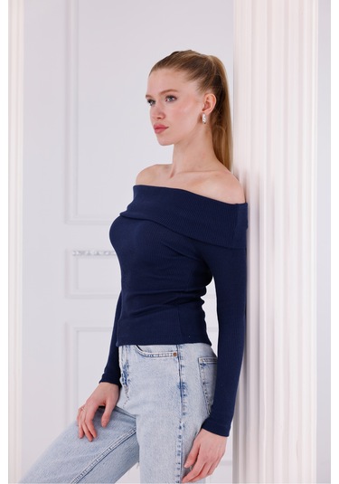 Madonna Yaka Uzun Kollu Fitilli Kadın Bluz Lacivert