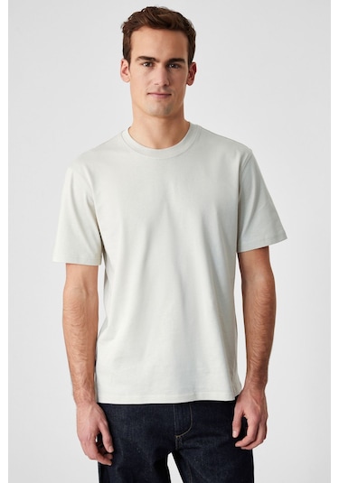 GRIMELANGE Solo Erkek %100 Organik Pamuklu Kalın Dokulu Comfort Fit Bisiklet Yakalı Açık Bej T-shirt Açık Bej