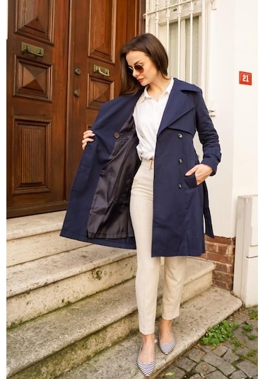 Pastelastore %100 Pamuk Gabardin Midi 95cm Astarlı Kemerli Kadın Trençkot 1113 Lacivert