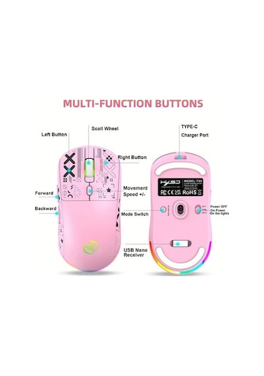 Besthome1 Hxsj T90 Pembe Uc Modlu Kablosuz Fare Rgb Isik Dahili Sol Sag Tus Sessiz Optik Fare Ev Ofis Oyun Diğer