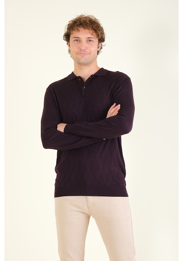 Giyim Dünyası Erkek Baklava Desenli Polo Yaka Merserize Kazak Mor 001