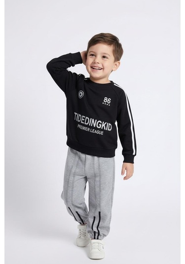 Baskılı Sweat Şeritli İkili Takım Siyah