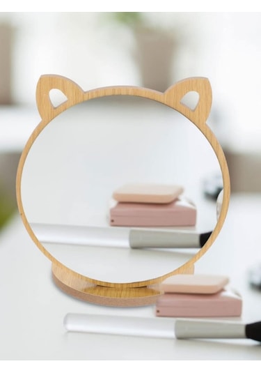 Kedi Ayna Ahşap Standlı Masa Üstü Makyaj Aynası Make Up 14 CM