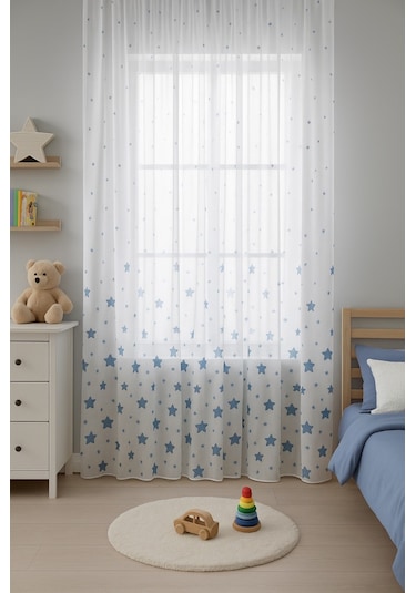 Brillant Marka Yıldız Desenli Tül Perde Örme Kumaş, Çocuk Odası İçin Özel Tasarım Mavi Mavi