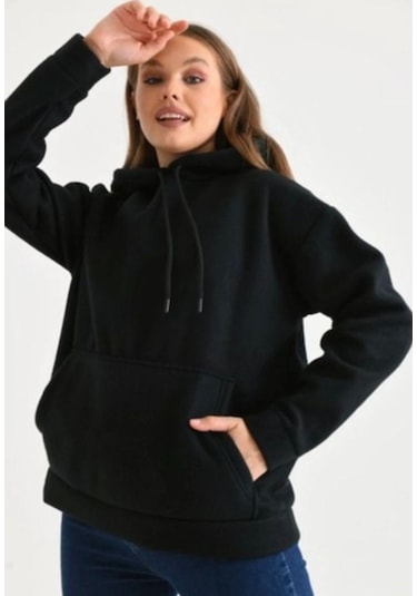 Lovie Moda Kadın Kapşonlu Sweatshirt Siyah
