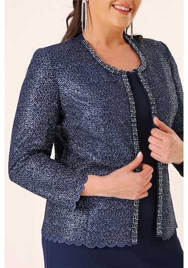 Yaka Taşlı Astarlı Uzun Krep Elbise Pullu Ceket Büyük Beden 2'li Takım-34881-lacivert Lacivert