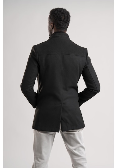 Slimfit Hakim Yaka Düğme Kapamalı Yan Cepli Astarlı Tek Yırtmaçlı Yünlü Kaşe Kaban Siyah