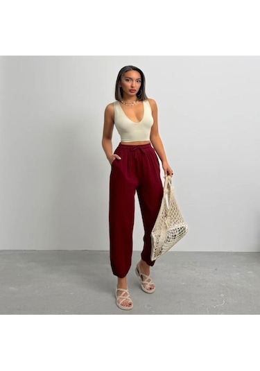 Keten Yumoş Günlük Rahat Kapi Pantolon Bordo