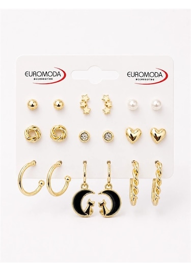 Ay Kedi Detaylı Gold Renk 9'lu Küpe Seti
