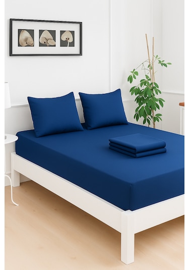 Mirava Premium %100 Pamuk Penye Lastikli Tek Kişilik Çarşaf Takımı 1 Yastık Kılıfı Dahil Lacivert 100x200cm Lacivert