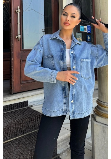 Mavi Oversize Kot Cepli Düğmeli Ceket Gömlek Açık Mavi