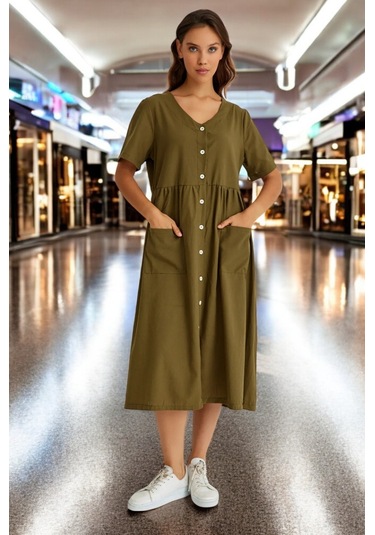 Beli Büzgülü V Yaka Keten Elbise Haki