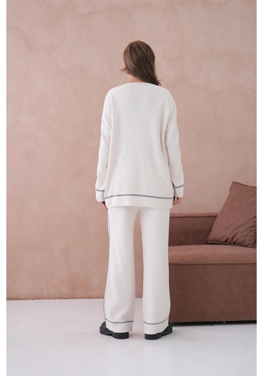 Kadın Geniş Yaka Kazak Pantolon İkili Triko Takım Taş