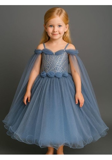 Kız Çocuk Omuzları Tül Detaylı Tarlatanlı Prenses Kostümü-16064 İndigo