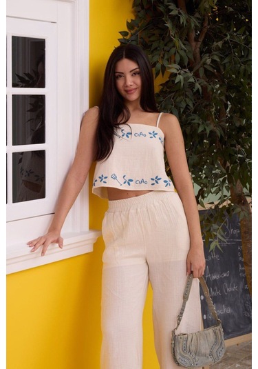 Yaz Desenleri İnce Askı Bluz Pantolon 2li Bohem Takım Beyaz