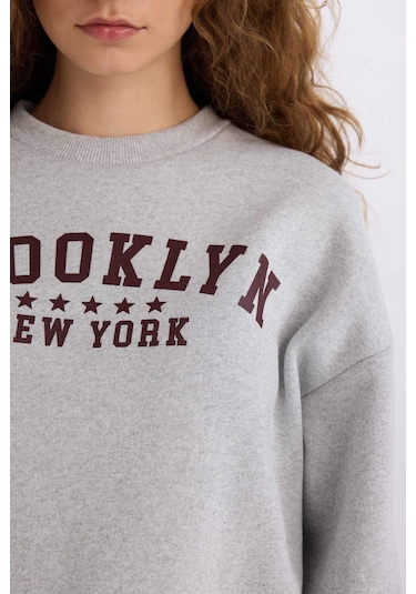 DeFacto Loose Fit Bisiklet Yaka Baskılı Kalın Kumaş Sweatshirt E3387AXNSGR42