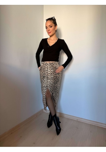 Ali Butik Leopar Önden Yırtmaç Detaylı Denim Etek Leopar