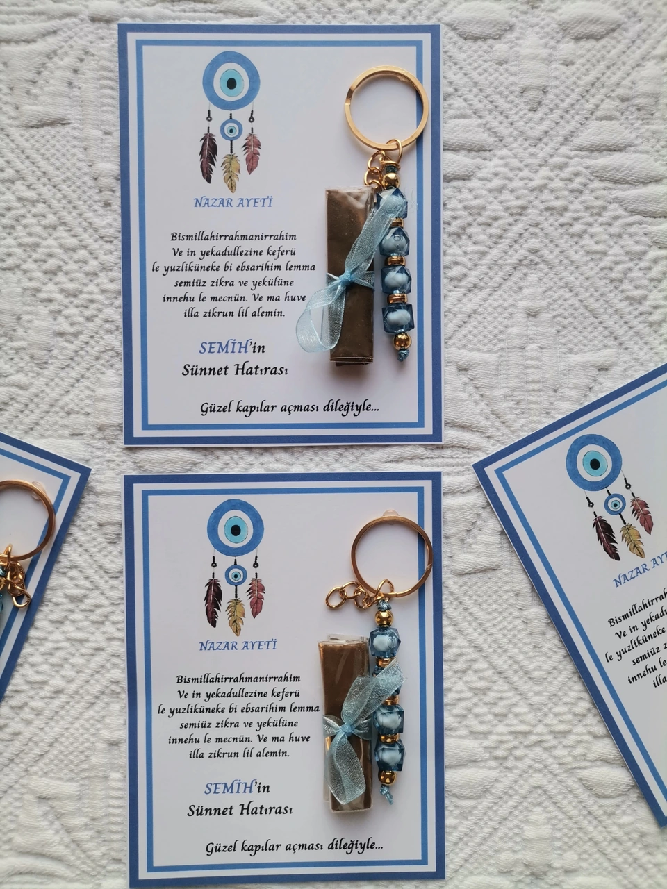 100 Adet Kişiye Özel Nazar Ayeti Sünnet Hatırası Dağıtmalık Hediyelik Mavi Renk Anahtarlık Ve Kına