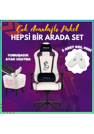 Pro Ayak Uzatmalı Kol Pedli Maximus Beyaz Oyuncu Koltuğu Beyaz