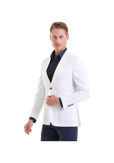 Hatemoğlu Beyaz Comfort Fit Düz Mono Yaka Casual Keten Ceket Beyaz