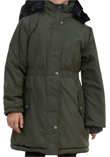 Kız Çocuk Haki Beli Lastikli Kapüşonu Kürklü Kol Ucu Ribanalı Fermuar Çıtçıt Kapamalı Midi Boy Mont Haki