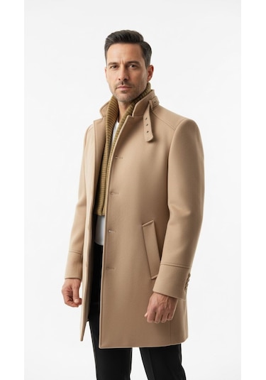 Erkek Slim Fit Kaşe Kaban Çıkarılabilir Ribanalı Fermuarlı Yaka, S Xxl Açık Bej