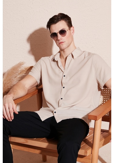 Buratti Pamuk Karışımlı Kısa Kollu Regular Fit Erkek Gömlek Cf23S113139 Taş