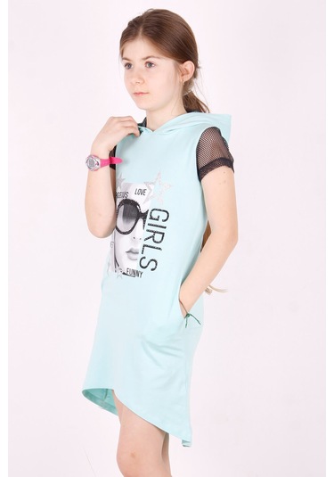 Toontoy Kız Çocuk Kapşonlu Cepli Elbise Açık Mint Yeşili