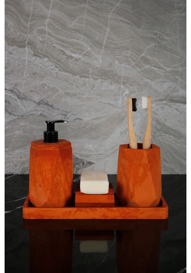 Betonmall 4 Parça Mermer Desenli Beton Banyo Seti Katı Sıvı Sabunluk Diş Fırçalık Tepsi - Terracota Terracota