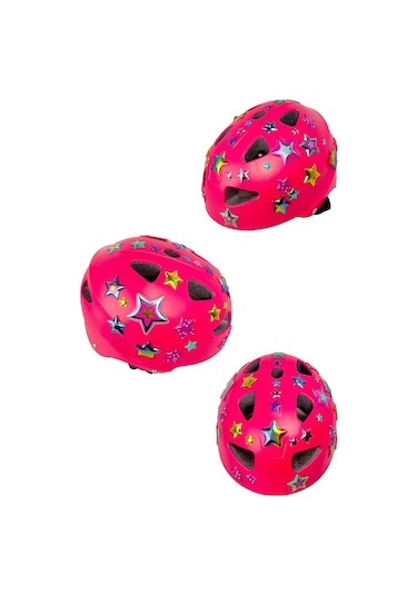 Pembe Çocuk Kaskı Yıldızlar Ve Harfler Stickerlı Spor Koruyucu Kask Pembe Dizlik Dirseklik Seti Pembe