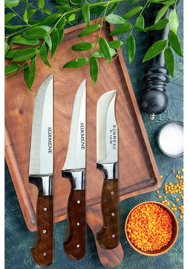 Lazoğlu Sürmene 3 Lü Dövme Çelik El Yapımı Bıçak Seti Kutulu