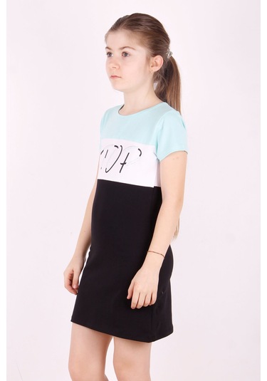 Toontoy Kız Çocuk Stop Baskılı Renkli Elbise Mint Yeşili