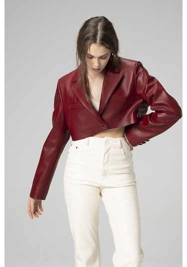 Dericlub Jasmine Kadın Crop Blazer Hakiki Deri Ceket A.bordo Null Bordo