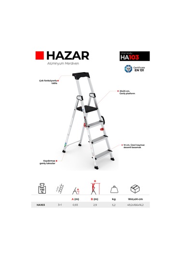 Çağsan HA103 3+1 Basamaklı Hazar Alüminyum Merdiven