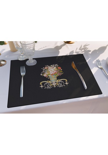 Siyah Figüratif Çiçek Amerikan Servis 4'lü Set Siyah