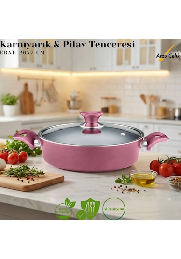 26 Cm Granit Karnıyarık & Pilav Tenceresi Cam Kapak - Mürdüm Mürdüm