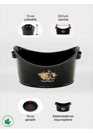 Metal Kayık Ekmeklik, Gondol Ekmeklik, Ekmek Sepeti, Sunumluk Fresh Bread Baskılı - Siyah