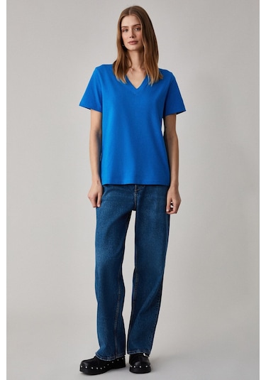 GRIMELANGE Alıne Kadın %100 Organik Pamuk Derin V Yakalı Comfort Fit Parlament Mavi T-shirt Parlament Mavi Saks Mavisi