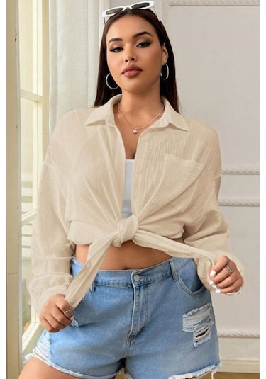 Trendseninle Kadın Bej Tek Cepli Bürümcük Oversize Gömlek Bej