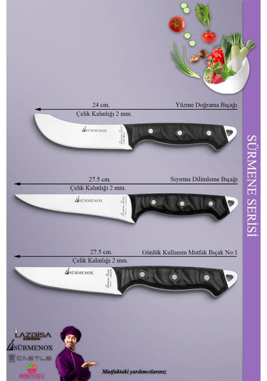 Sürmene Serisi Mutfak Bıçak Seti Et Ekmek Sebze Salata Bıçağı 3 Lü Set Siyah Mft-132 Siyah