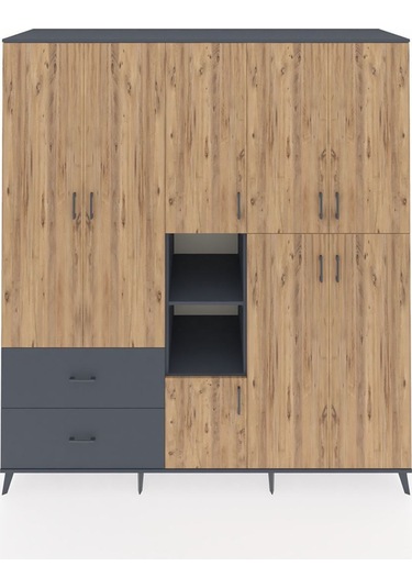 Kronos Dolap 12 Raflı 2 Çekmeceli Tek Askılı 220x59x243 Antrasit-çam/antrasit Atlas Çam/antrasıt