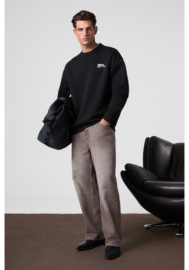 Ernest Erkek Organik Pamuklu Yumuşacık Baskı Detaylı Bisiklet Yaka İçi Polarlı Siyah Sweatshirt