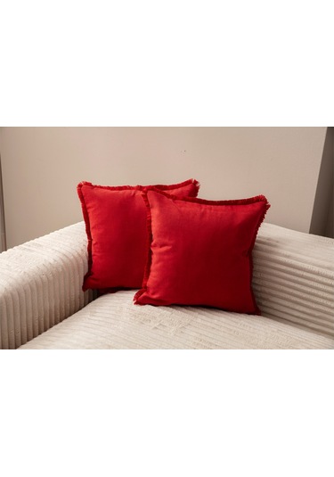 Swita Home Saçaklı Tek Renk 43x43 Kırlent Kılıfı Kırmızı Kırmızı
