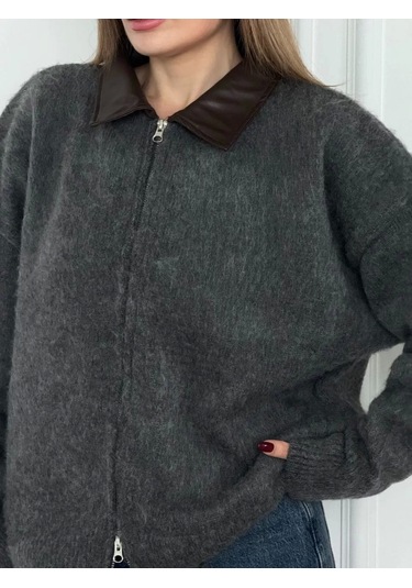 Deri Yakalı Pamuk Dokulu Çift Taraflı Çalışan Fermuar Ceket - Füme Füme