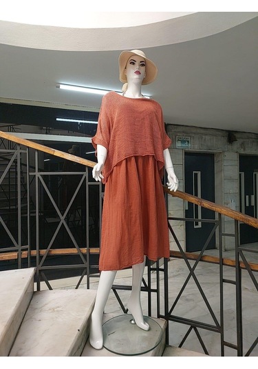 İtalyan Müslin Keteni Üstü File Bluzlu Astarlı Tek Parça Elbise Gül Kurusu