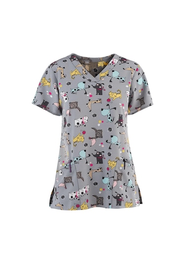 Gri Kadın Kısa Kollu V Yaka Karikatür Desen Çalışma Tişörtleri Tops Gri