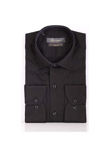 Aclassics Erkek Siyah Slim Fit Saten Pamuk Cepsiz Gömlek