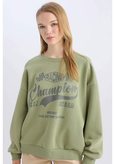 Defacto Coool Oversize Geniş Kalıp Bisiklet Yaka Baskılı Kalın Sweatshirt D5384AX24AUKH461 Haki