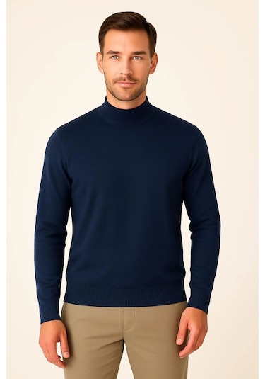 Erkek Yarım Boğaz Triko Kazak Yumuşak Dokulu Pamuklu İnce Dokuma, Uzun Kollu Rahat Regular Kalıp - L Lacivert