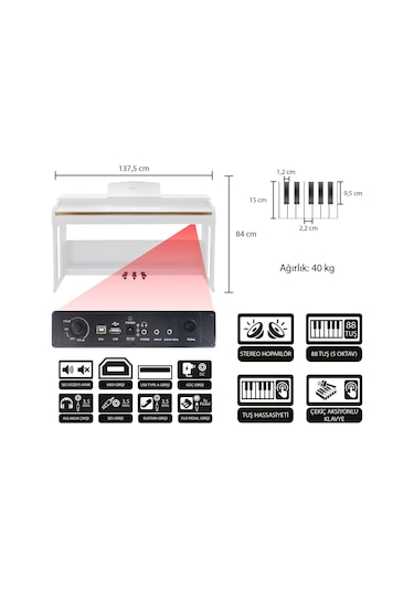 Jwin Sapphire Sdp-214 Çekiç Aksiyonlu 88 Tuşlu Dijital Piyano + Tabure - Beyaz
